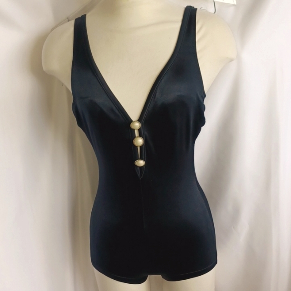 VTG Slim Allure Women’s 10 Black One Piece Suit  Slimming VTG Silhouette, 24" L
